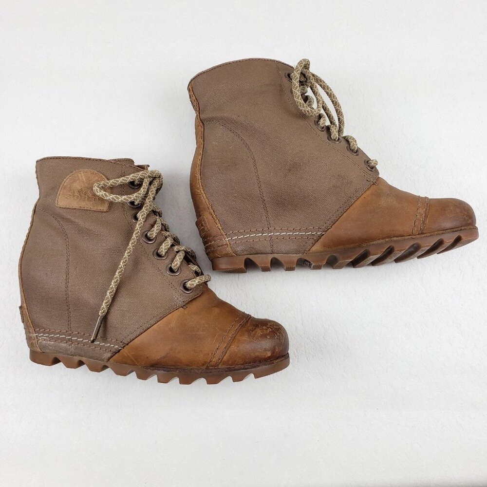 Sorel PDX Wedge Ankle Bootie Womens 7.5 Brown Leather Canvas Hidden Heel Lace Up